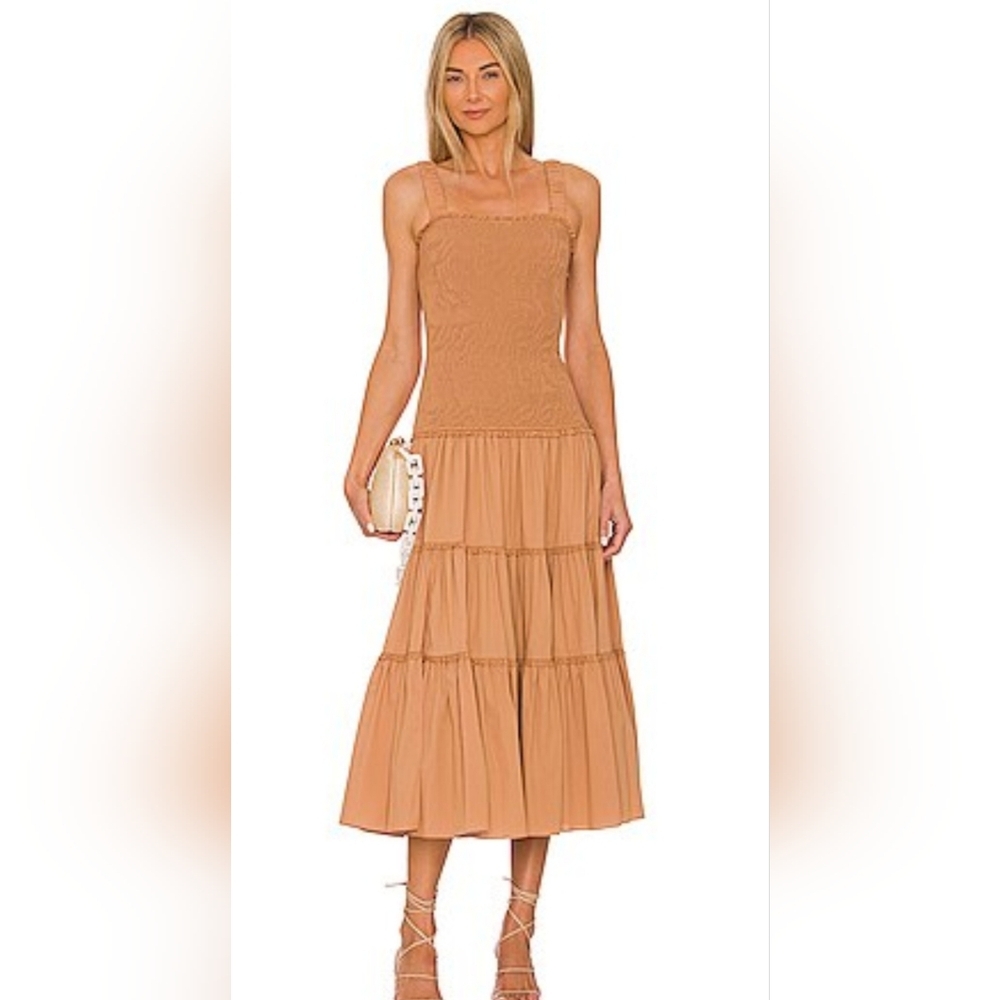 HYFVE Square Neck Midi Dress in Rich Tan Cinched Bodice W/Side Zipper& Side Slit - Picture 4 of 13
